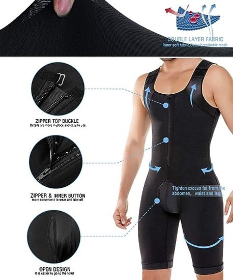 Mens Shapewear Tummy Control Bodysuit Slimming Compression Body Shaper Girdle Undershirts Thighs Open Crotch